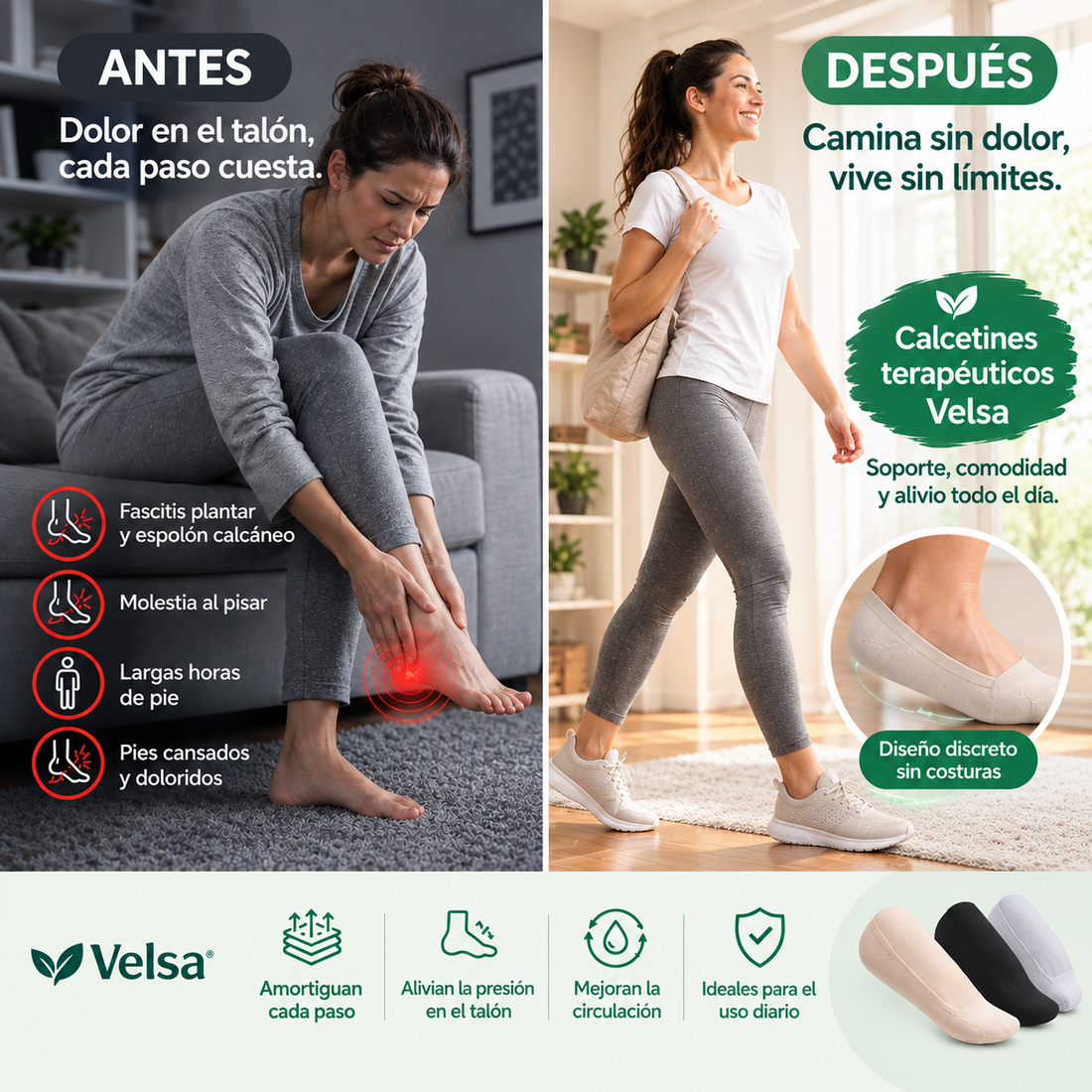 Mujer caminando cómoda con los calcetines invisibles Velsa dentro de sus zapatillas