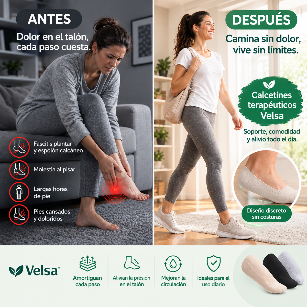 Mujer caminando cómoda con los calcetines invisibles Velsa dentro de sus zapatillas