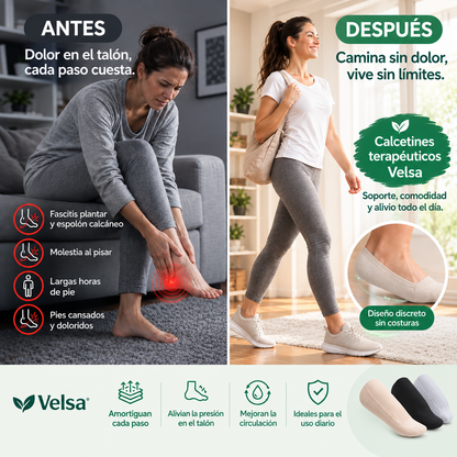 Mujer caminando cómoda con los calcetines invisibles Velsa dentro de sus zapatillas