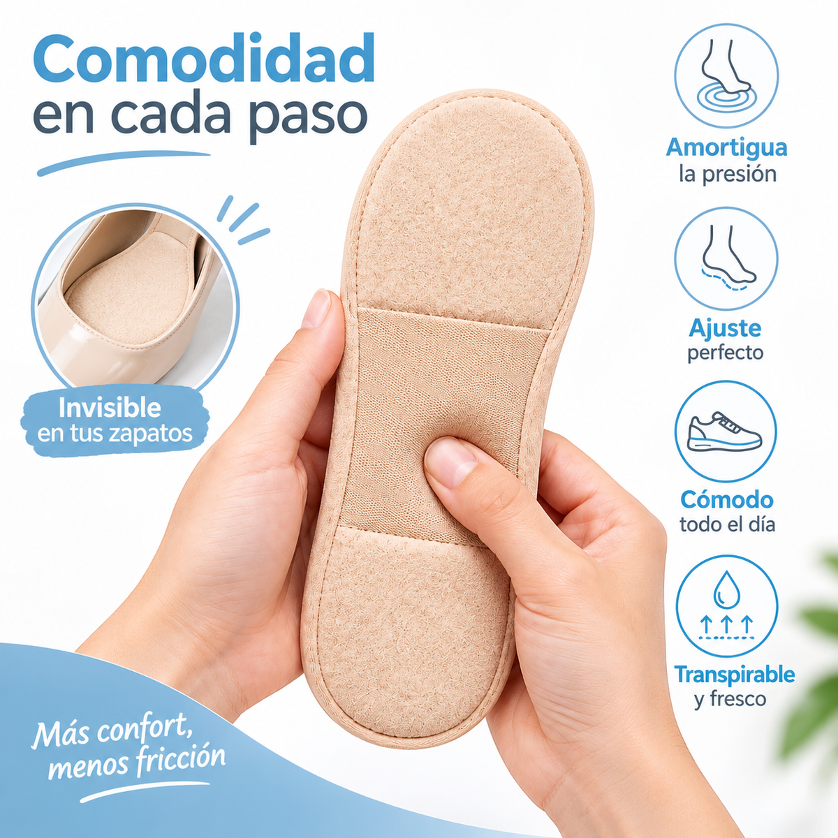 Mano sujetando un calcetín Velsa beige con almohadilla, invisible dentro del zapato